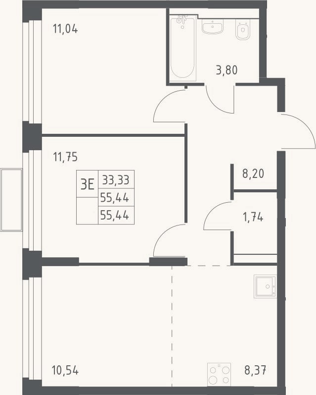Планировка: 3-к, 55,4 м²