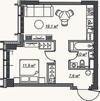 Планировка: 2-к, 41,9 м²