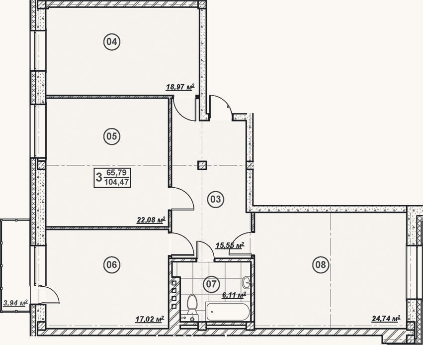 Планировка: 3-к, 106,7 м²