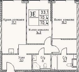 Планировка: 3-к, 70,4 м²