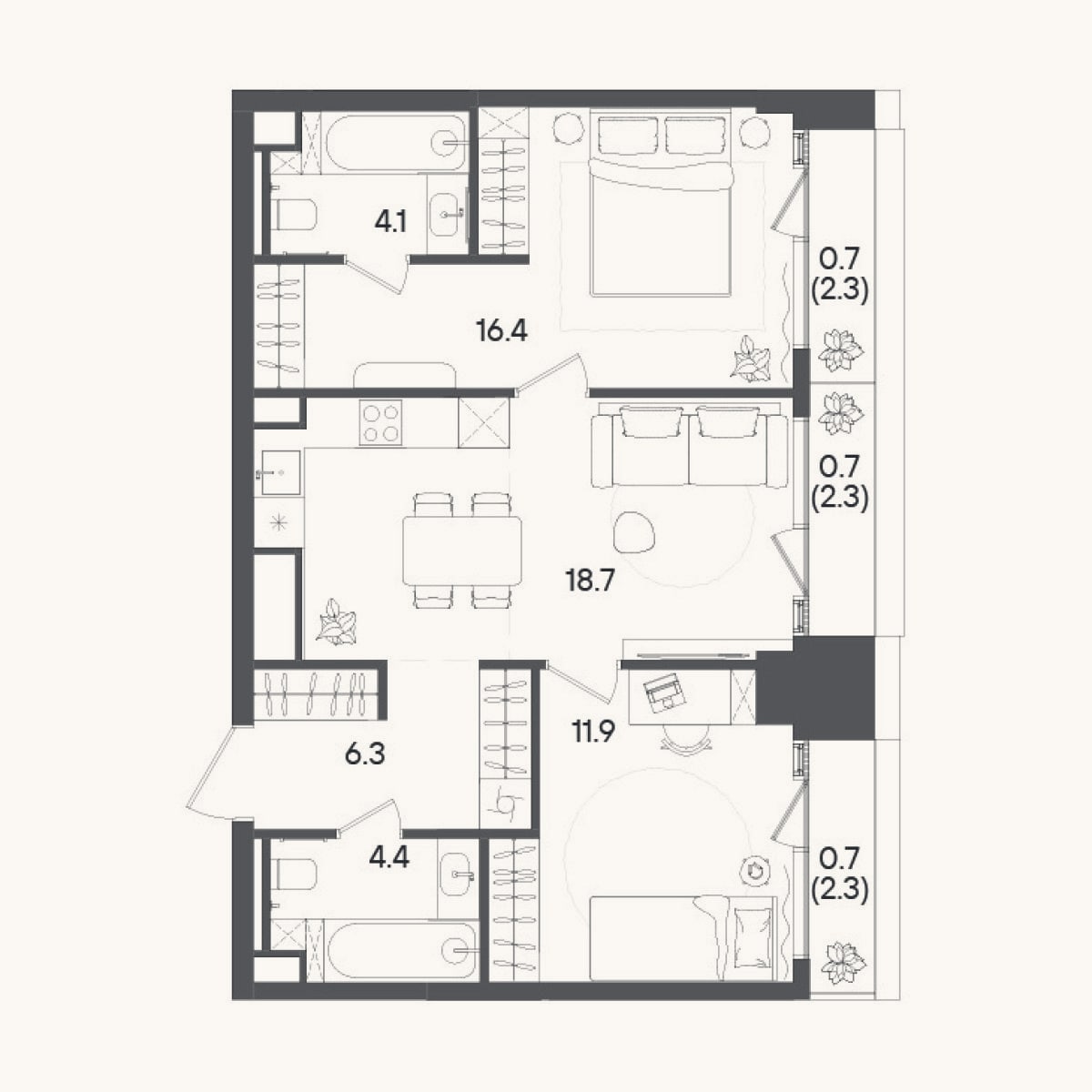 Планировка: 3-к, 61,8 м²