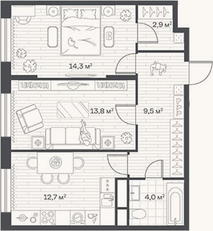 Планировка: 2-к, 57,2 м²