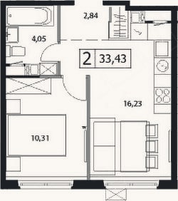 Планировка: 2-к, 33,4 м²