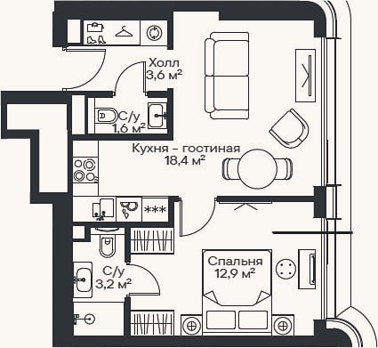 Планировка: 2-к, 39,7 м²