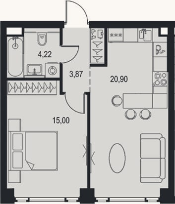 Планировка: 2-к, 44 м²