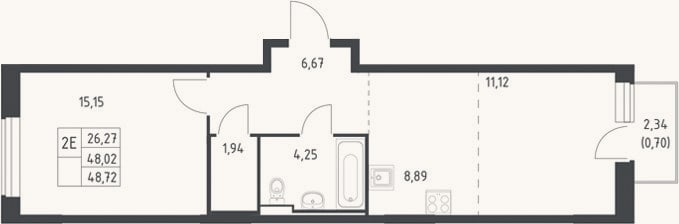 Планировка: 2-к, 48 м²