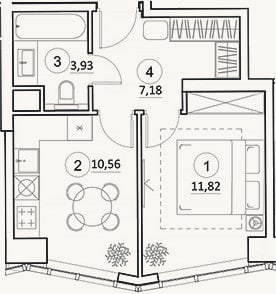 Планировка: 1-к, 33,5 м²