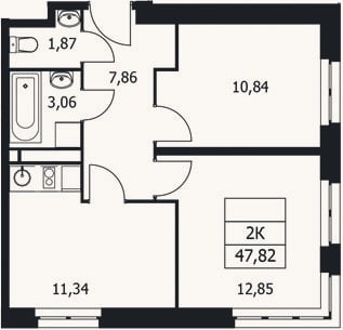 Планировка: 2-к, 47,8 м²