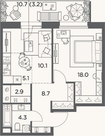 Планировка: 2-к, 49,1 м²