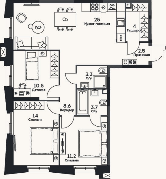 Планировка: 4+ к, 82,8 м²