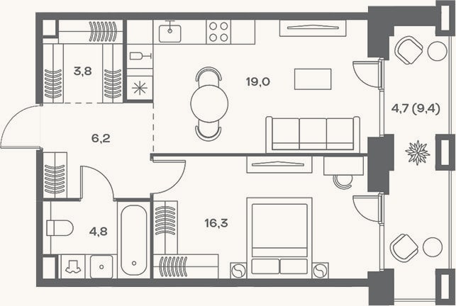 Планировка: 2-к, 50,1 м²