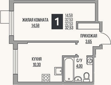 Планировка: 1-к, 32,5 м²