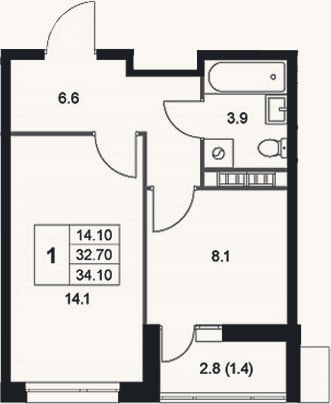 Планировка: 1-к, 32,8 м²