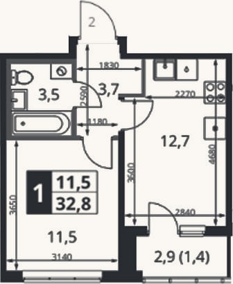 Планировка: 1-к, 32 м²