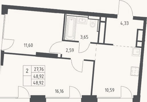 Планировка: 2-к, 48,9 м²