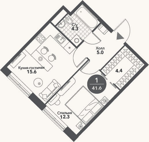 Планировка: 2-к, 41,6 м²