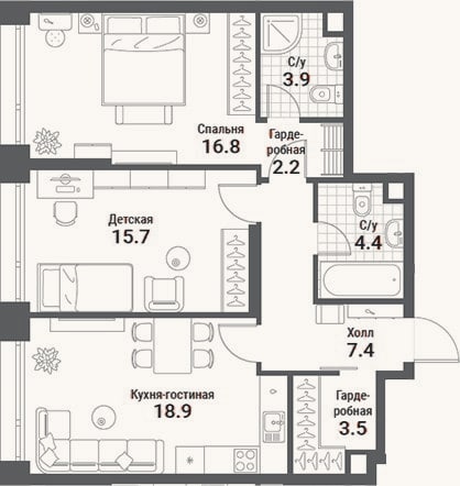 Планировка: 3-к, 72,8 м²