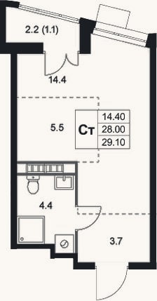 Планировка: Студия, 28 м²