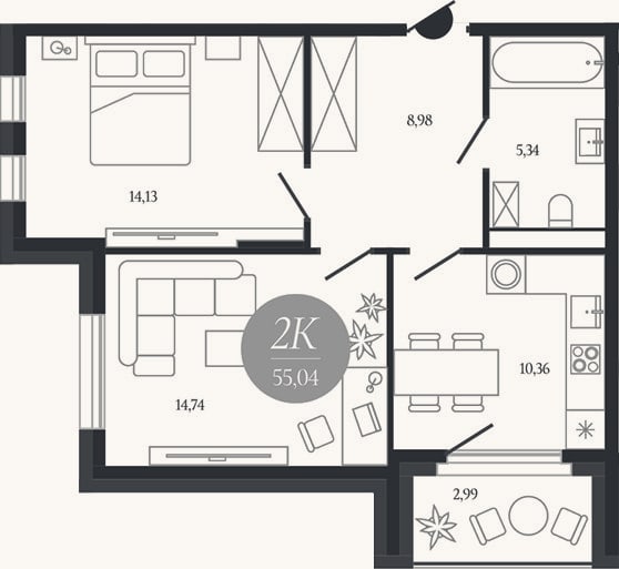 Планировка: 2-к, 53,5 м²