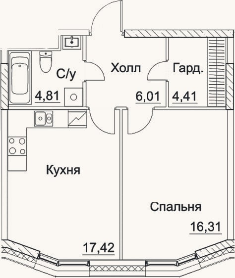 Планировка: 1-к, 49 м²