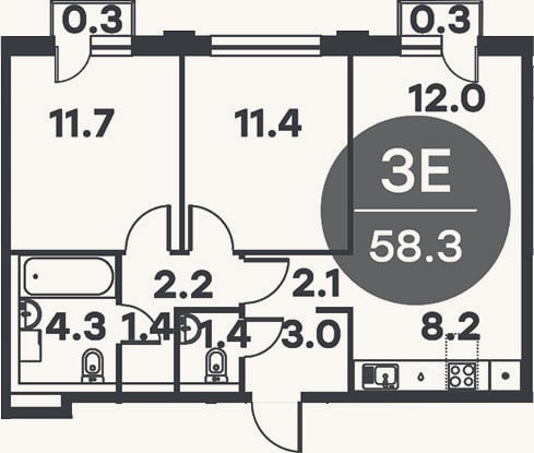 Планировка: 3-к, 57,7 м²