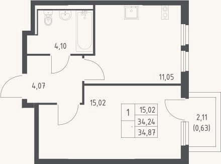 Планировка: 1-к, 34,2 м²