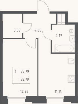 Планировка: 1-к, 35,8 м²