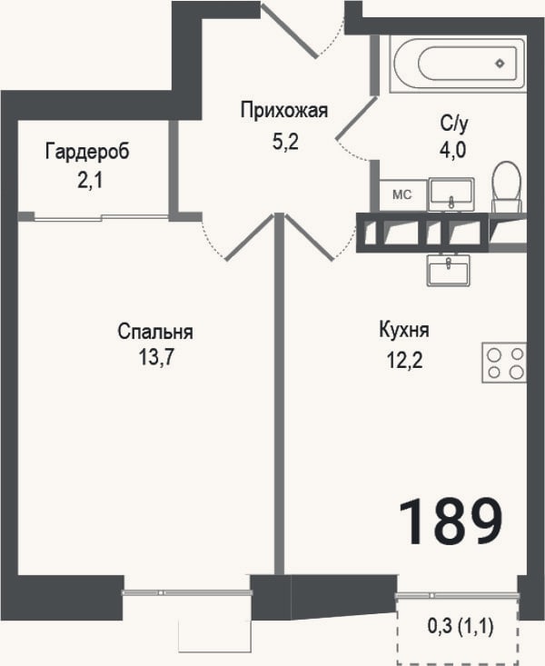 Планировка: 1-к, 37,2 м²
