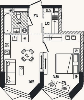 Планировка: 2-к, 38,8 м²
