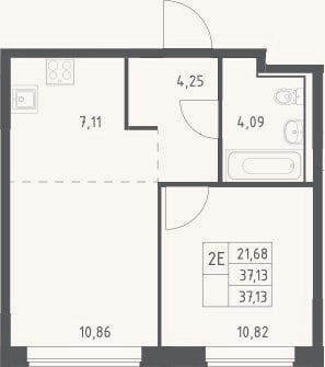 Планировка: 2-к, 37,1 м²