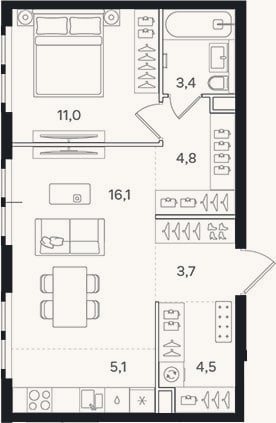Планировка: 2-к, 48,6 м²