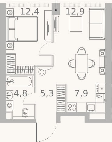 Планировка: 2-к, 43,3 м²