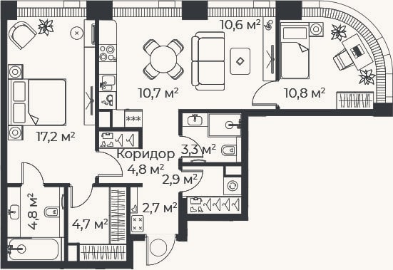 Планировка: 3-к, 72,4 м²