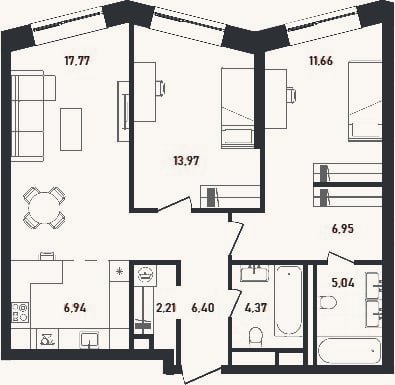 Планировка: 3-к, 75,3 м²
