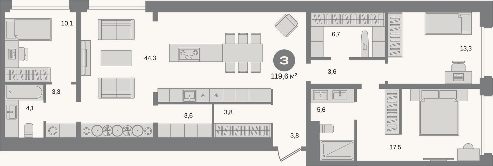 Планировка: 3-к, 119,6 м²