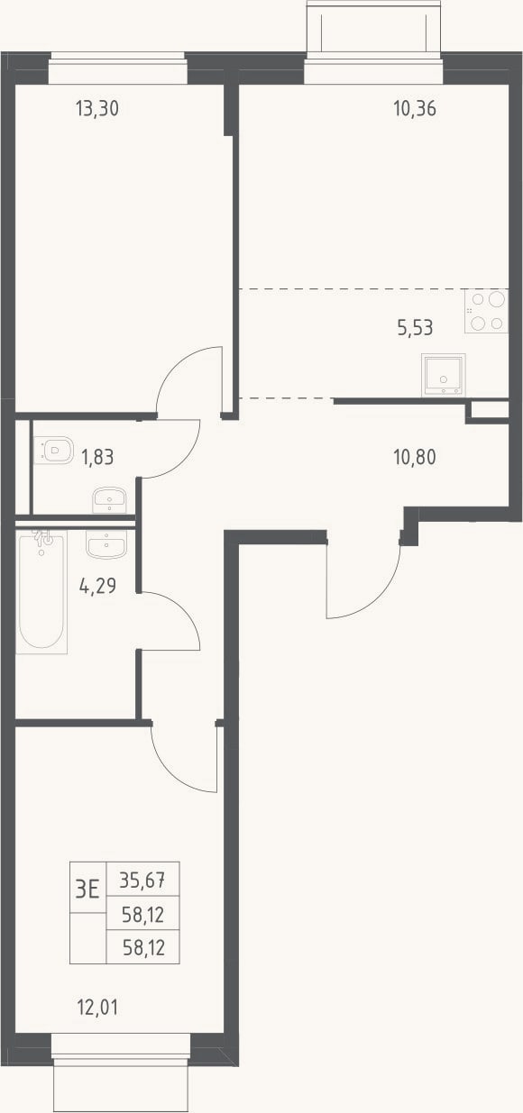 Планировка: 3-к, 58,1 м²