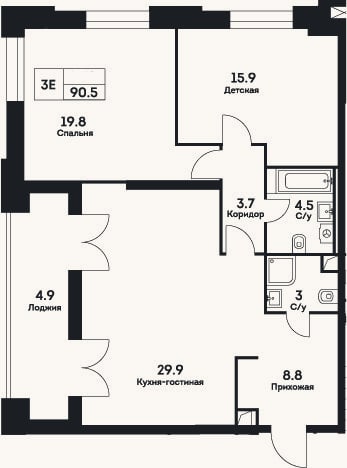 Планировка: 3-к, 85,6 м²