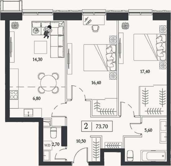 Планировка: 3-к, 73,7 м²
