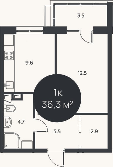 Планировка: 1-к, 35,2 м²