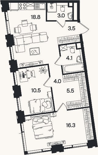 Планировка: 3-к, 65,7 м²
