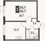 Планировка: 1-к, 36,7 м²