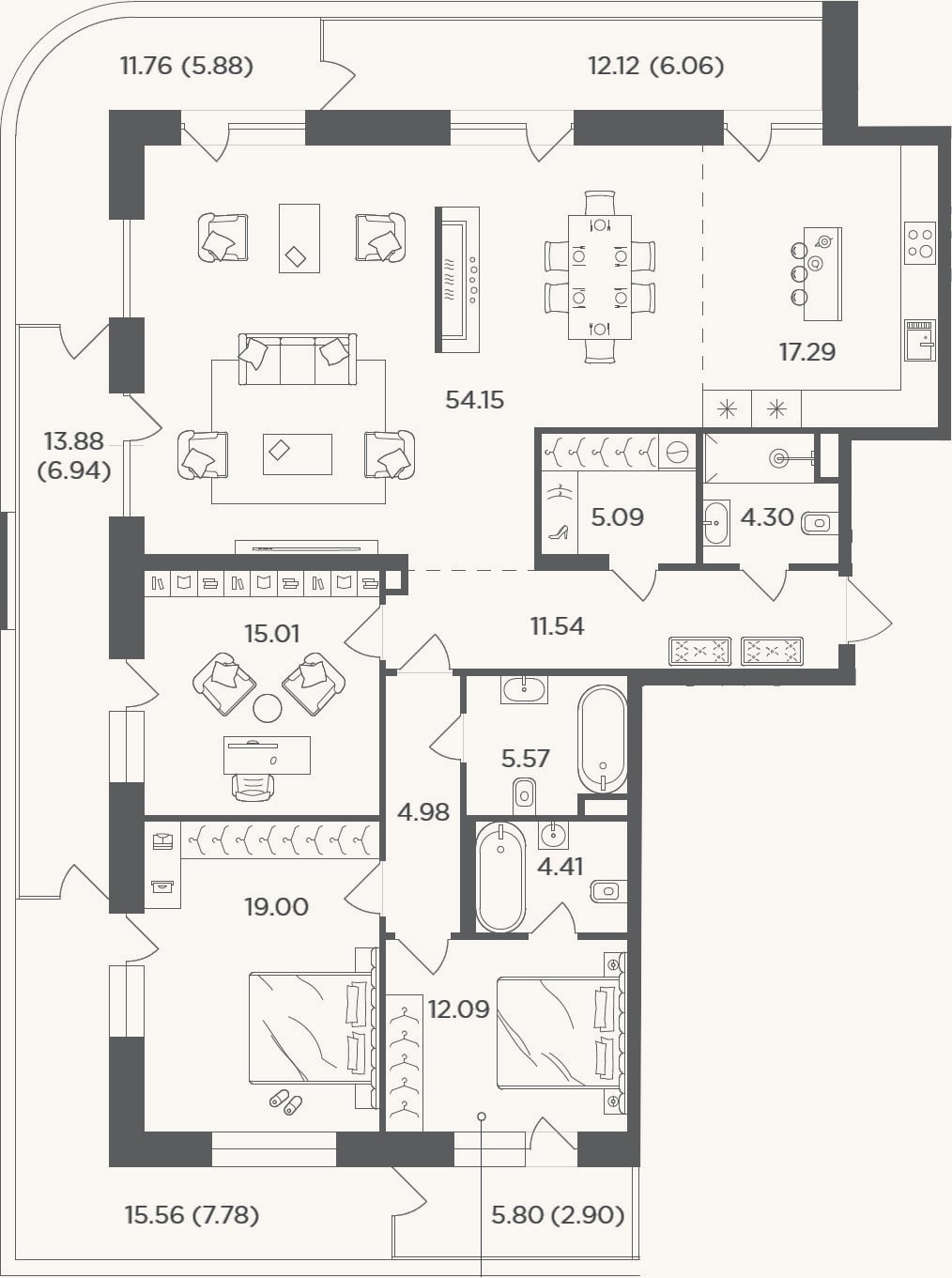 Планировка: 4+ к, 153,4 м²