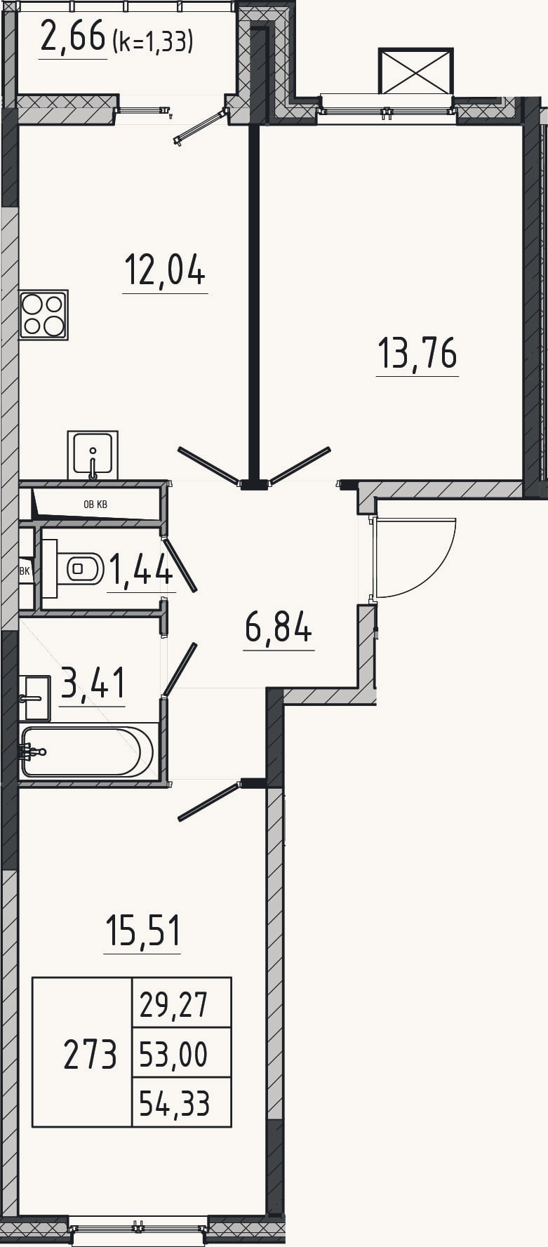 Планировка: 2-к, 53 м²