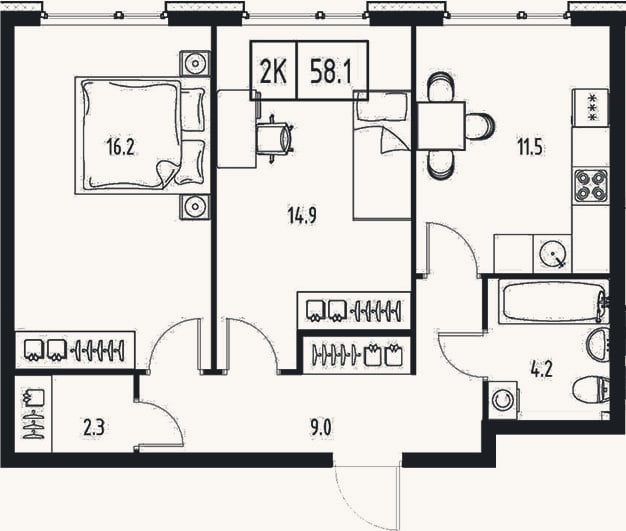 Планировка: 2-к, 58,1 м²