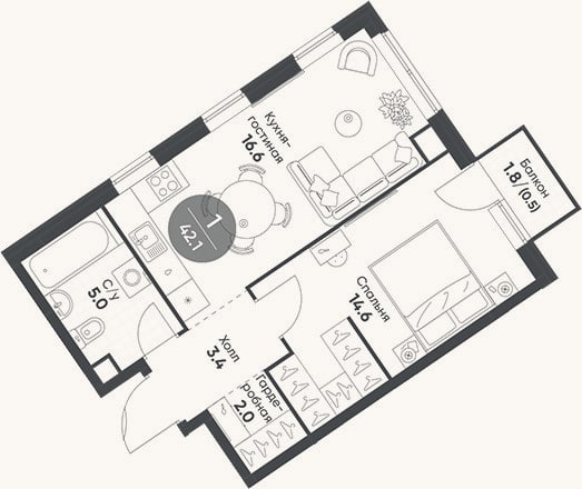 Планировка: 2-к, 41,6 м²