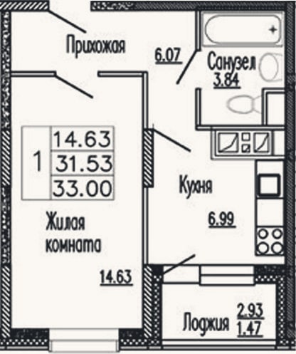Планировка: 1-к, 31,5 м²