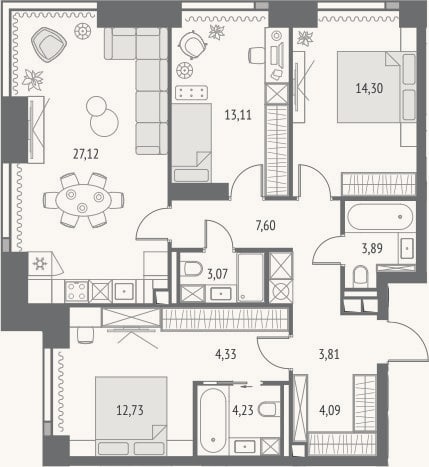 Планировка: 4+ к, 98,3 м²