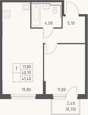 Планировка: 2-к, 40,7 м²