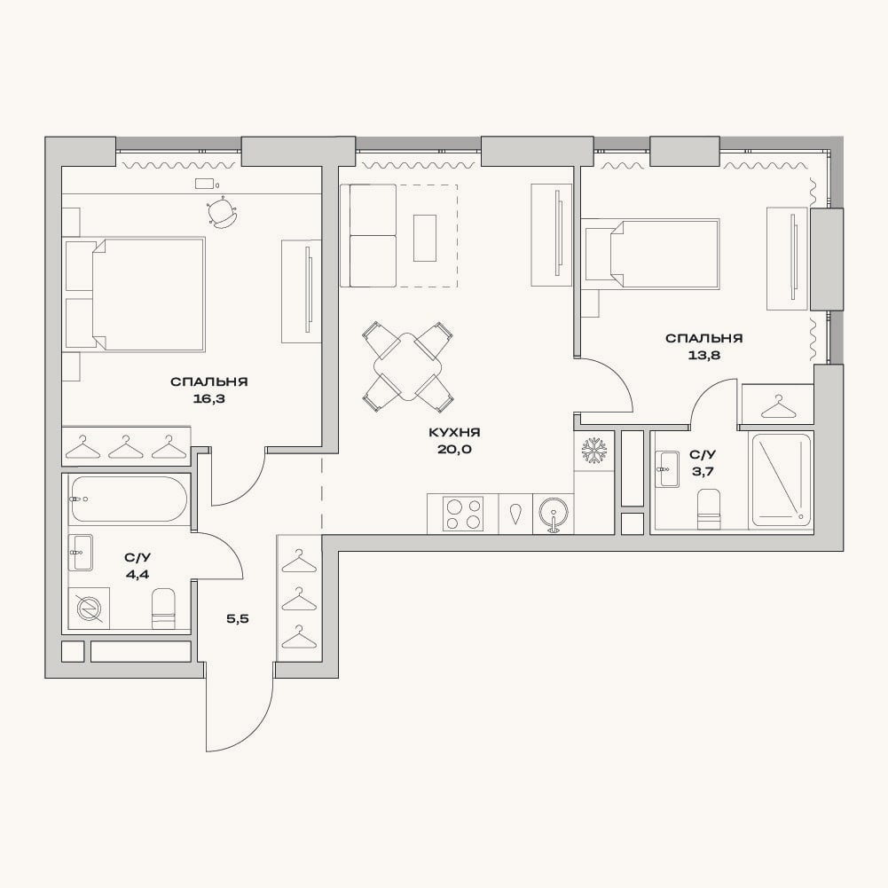 Планировка: 3-к, 63,7 м²