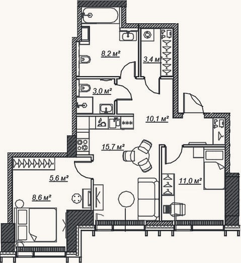Планировка: 3-к, 65,6 м²